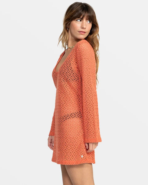 Roxy Womens Dress Love Coastline Long Sleeve Crochet Beach Dress