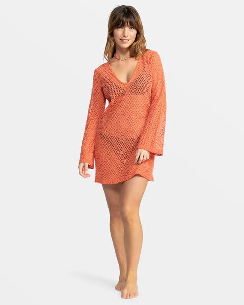 Roxy Womens Dress Love Coastline Long Sleeve Crochet Beach Dress